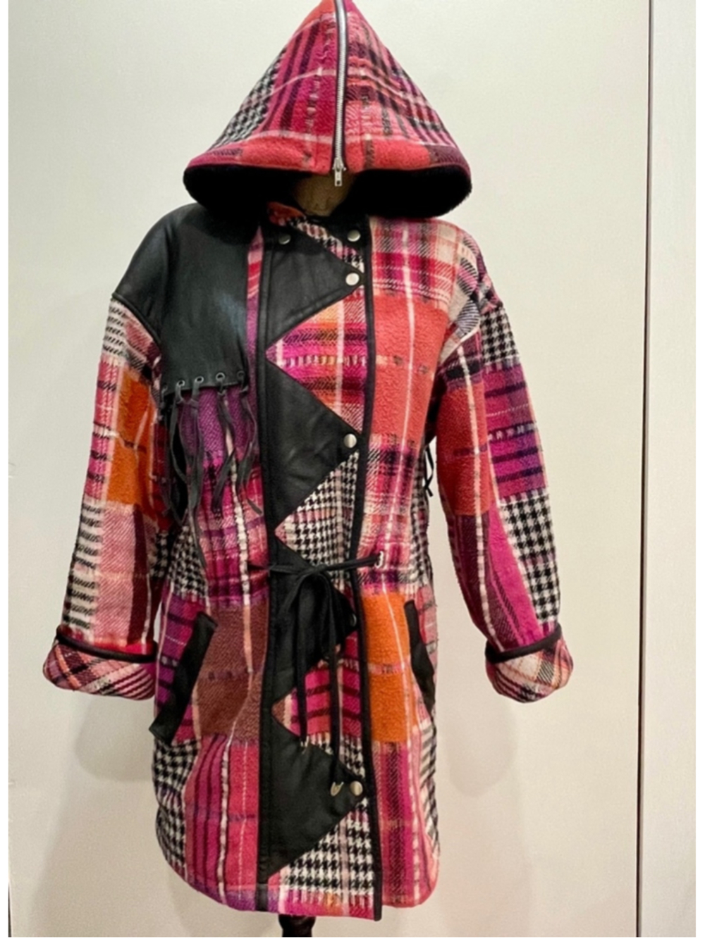 Hilary Radley Vintage Plaid Long Coat S Leather Fringe Fairy Grunge Whimsigoth